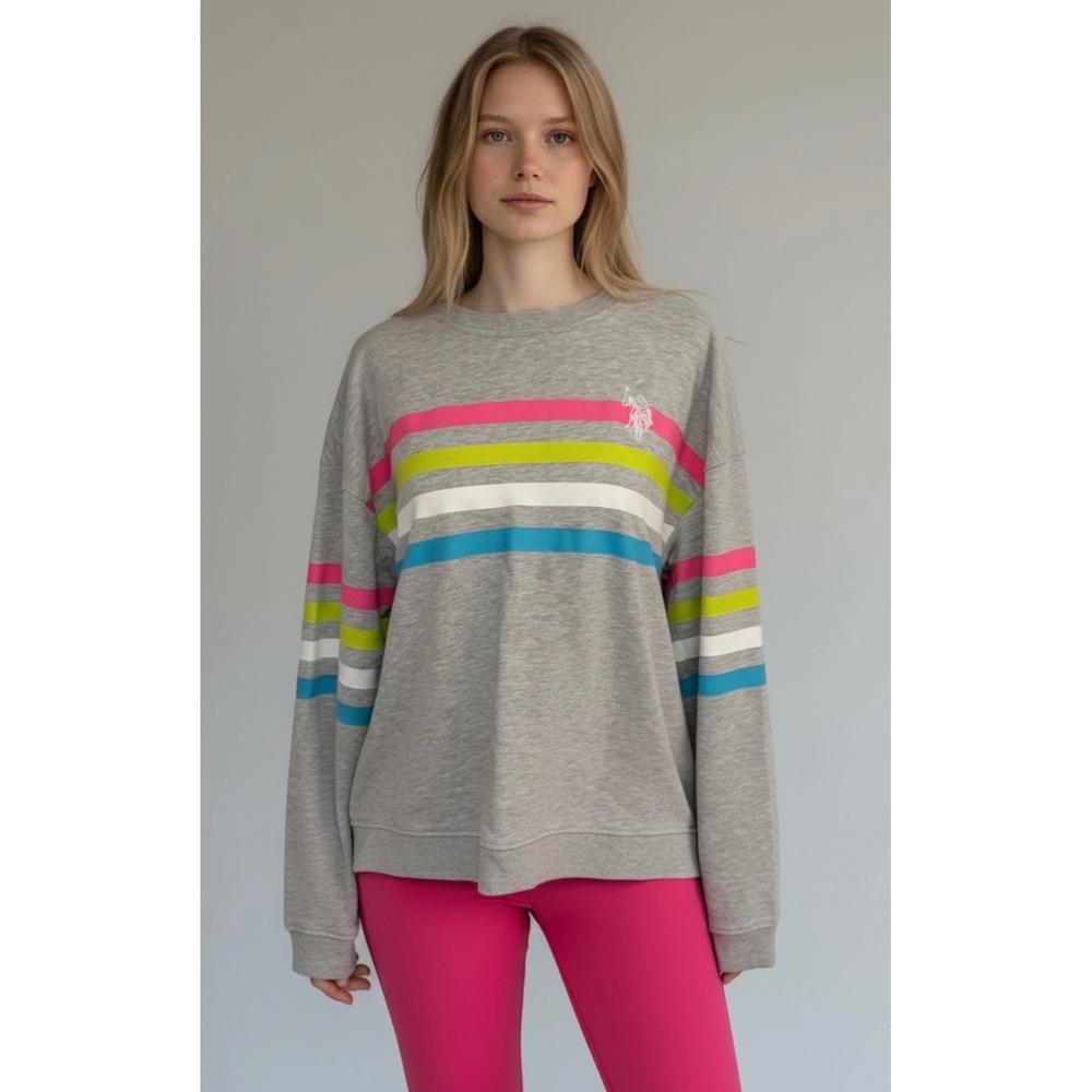 US Polo Assn Large Grey Striped Crewneck Sweatshirt Pink Green White Blue